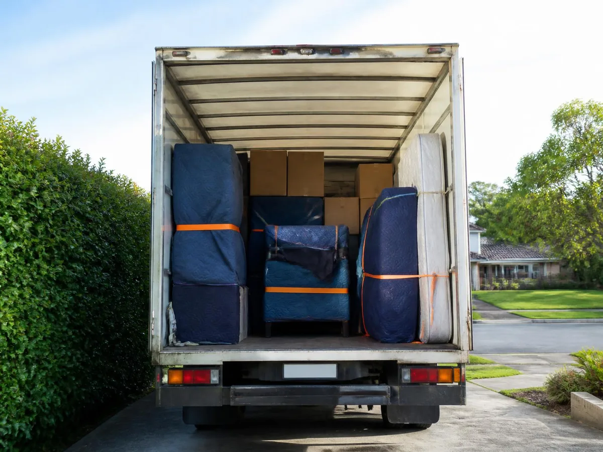 Here To Move truck loaded with blanket-wrapped furniture and boxes in a Perth driveway